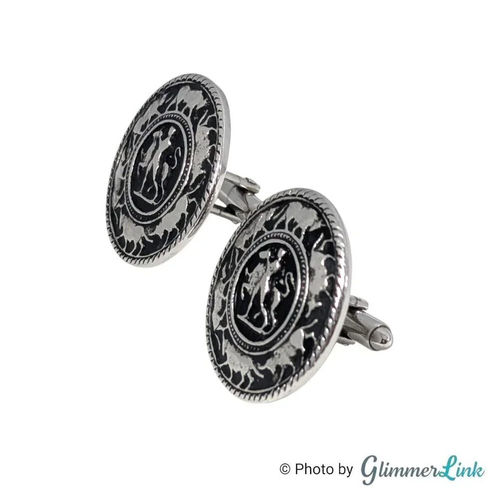 Vintage Matador Bullfighter Bull Round Black Enamel Silver Tone Cufflinks